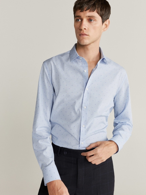 

MANGO MAN Blue Sustainable Cotton Easy-Iron Tailored Slim Fit Micro Checked Casual Shirt