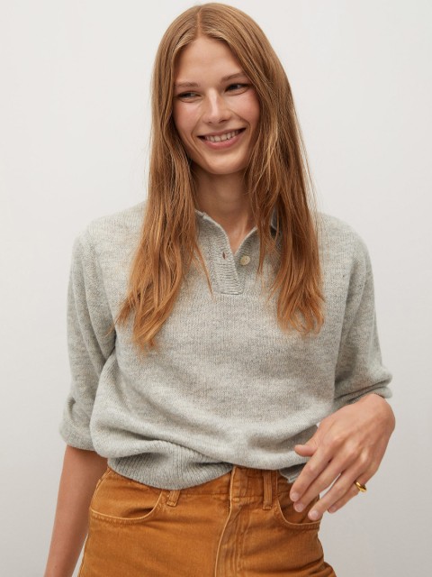 

MANGO Women Grey Melange Solid Polo Collar Sweater