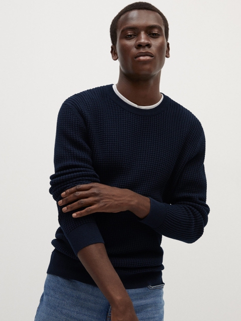

MANGO MAN Men Navy Blue Ribbed Sustainable Pullover Sweater