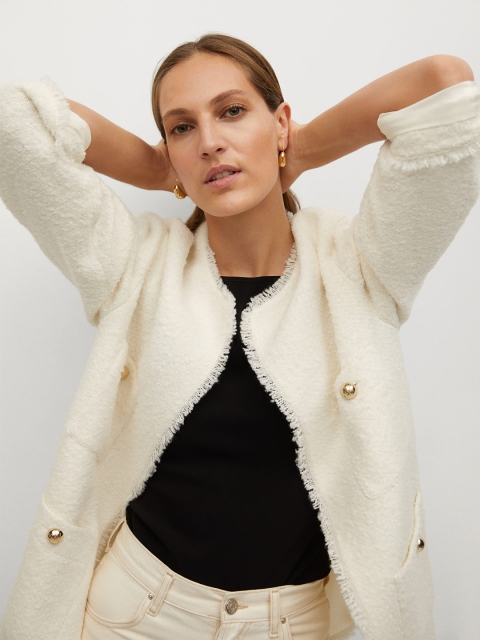 

MANGO Women Off-White Solid Open Front Jacket