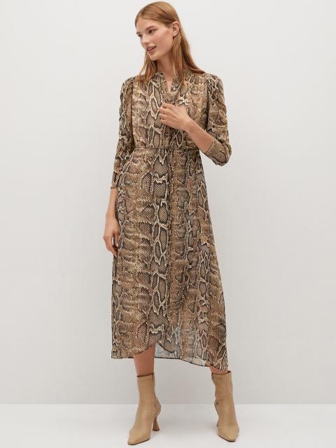 

MANGO Women Beige & Black Snakeskin Print Layered A-Line Dress