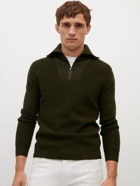

MANGO MAN Men Olive Green Solid Pullover Sweater