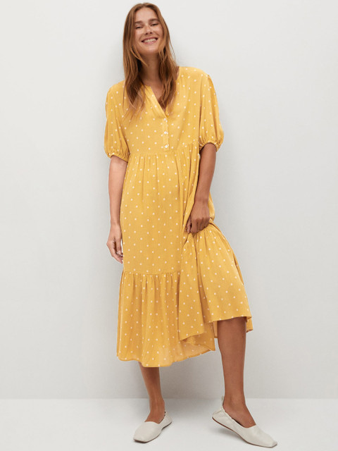 

MANGO Women Mustard Yellow & Off-White Self-Design Maxi Dress