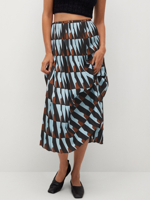 

MANGO Women Black & Blue Printed Accordion Pleated A-Line Midi Skirt