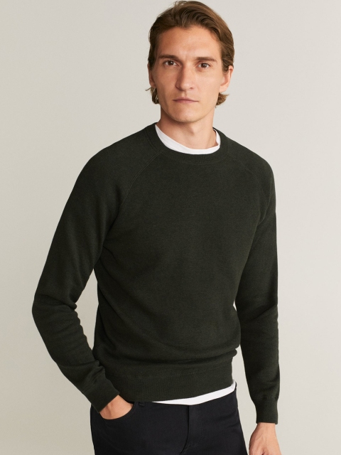 

MANGO MAN Olive Green Solid Pullover Sweater