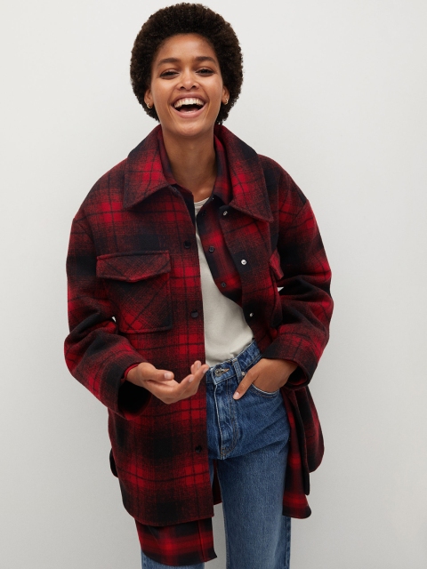 

MANGO Women Black & Red Checked Coat