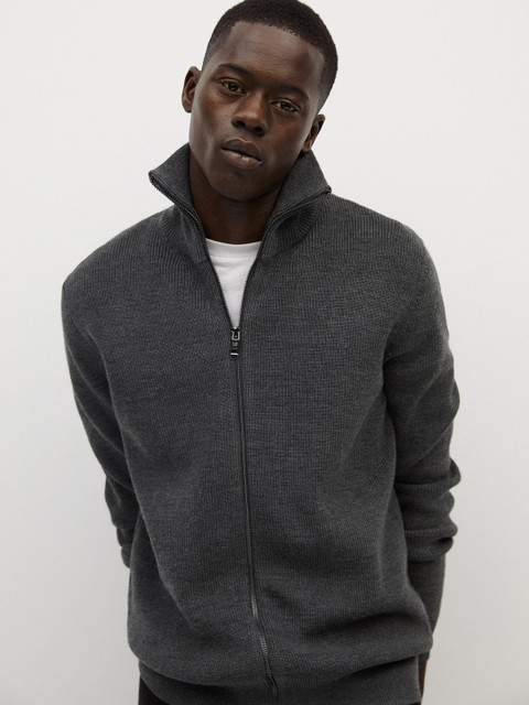 

MANGO MAN Men Charcoal Grey Solid Front-Open Sweater