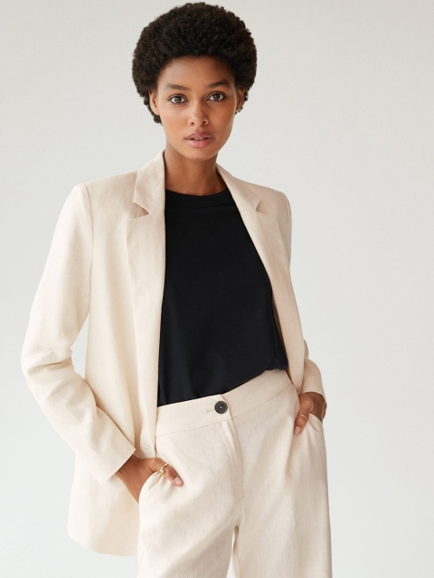 

MANGO Women Cream-Coloured Linen Solid Single-Breasted Sustainable Blazer