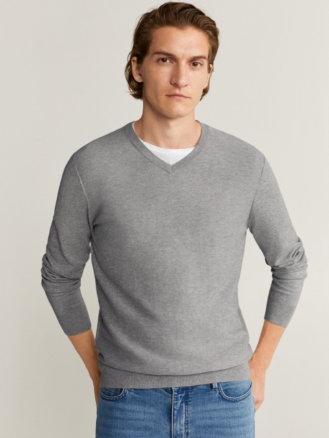 

MANGO MAN Men Grey Melange Solid Sustainable Pullover Sweater