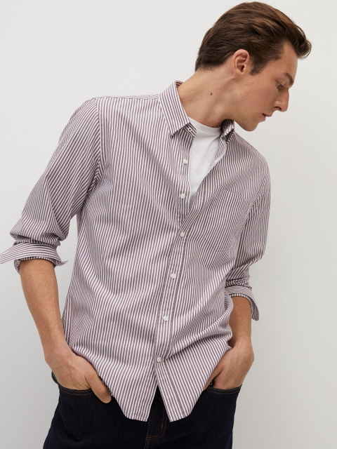 

MANGO MAN White & Maroon Sustainable Cotton Slim Fit Striped Casual Shirt