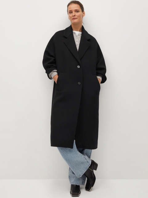 

MANGO Women Black Solid Longline Overcoat