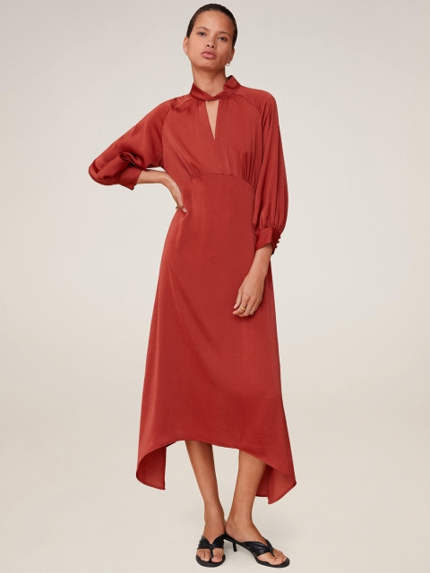 

MANGO Women Rust Red Solid Satin Asymmetric A-Line Dress