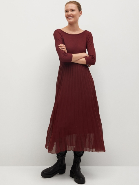 

MANGO Women Maroon Solid Accordion Pleated A-Line Dress