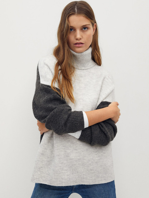 

MANGO Women Grey Melange & Charcoal Grey Solid Pullover
