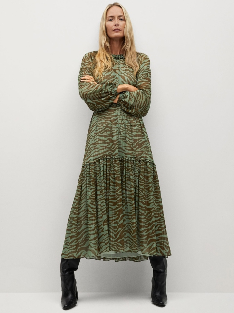 

MANGO Women Green & Brown Animal Print A-Line Tiered Dress