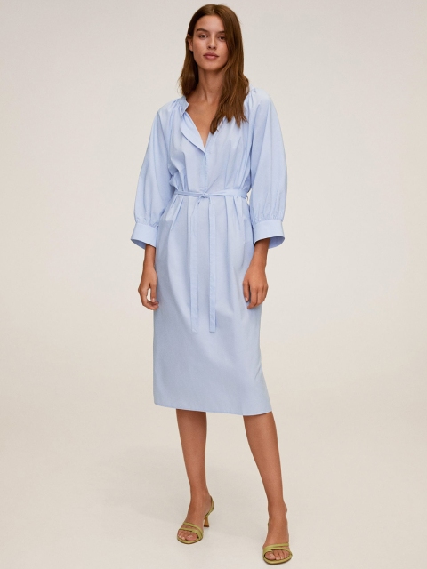 

MANGO Women Blue Solid A-Line Dress With Belt