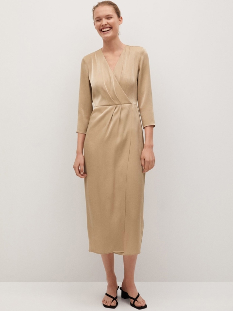 

MANGO Women Beige Solid Sheen Satin Wrap Dress