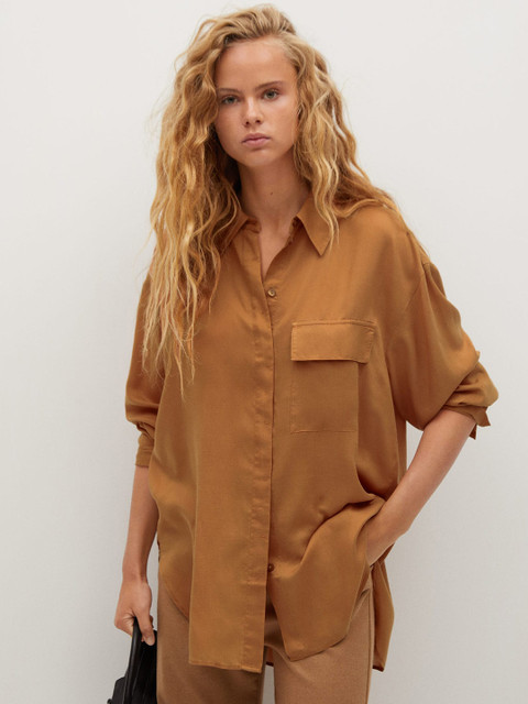 

MANGO Women Brown Regular Fit Solid Longline Casual Shirt