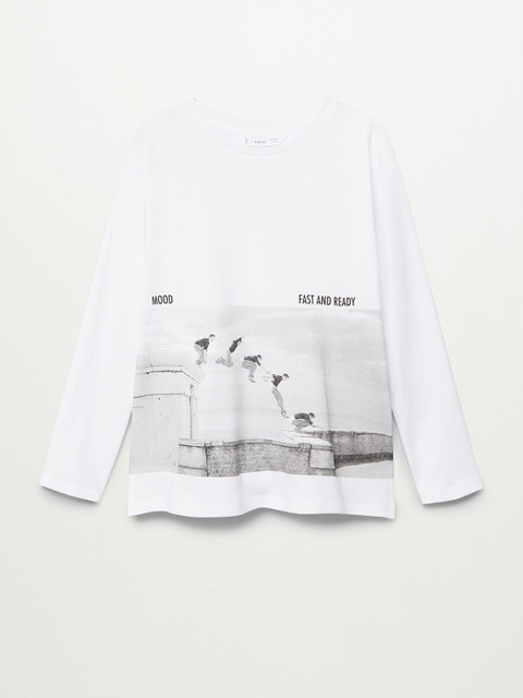 

Mango Kids Boys White & Charcoal Grey Graphic Print Organic Cotton Round Neck T-shirt