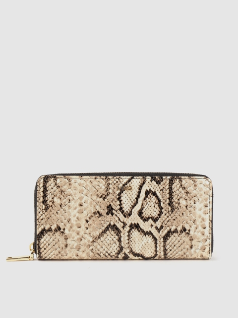 

MANGO Women Beige & Black Snakeskin Textured Zip Around Wallet