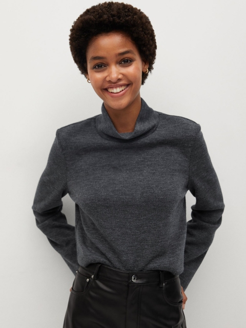 

MANGO Women Charcoal Solid Turtle Neck T-shirt