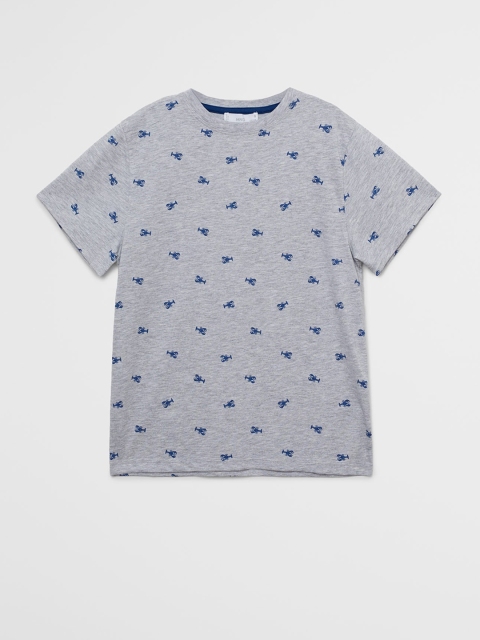 

Mango Kids Boys Grey Melange & Blue Lobster Print Round Neck T-shirt
