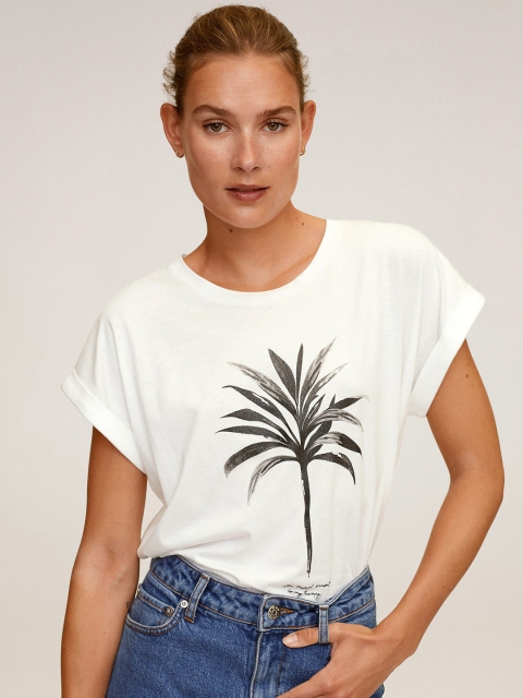 

MANGO Women White & Black Sustainable Organic Cotton Floral Printed Round Neck T-shirt