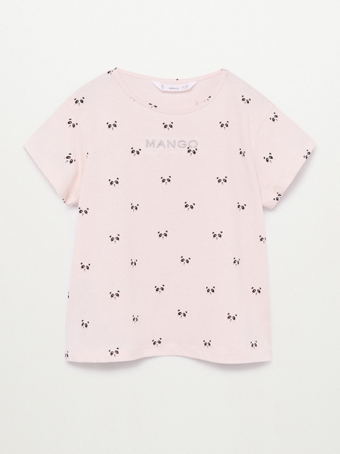 

Mango Kids Girls Peach-Coloured Organic Cotton Panda Print Round Neck T-shirt