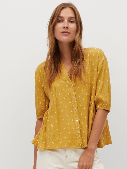 

MANGO Women Mustard Yellow & White Woven Design A-Line Top