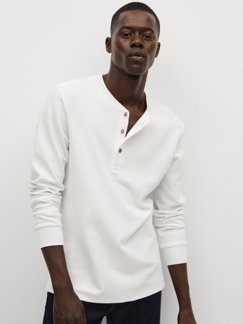 

MANGO MAN White Self Design Henley Neck T-shirt