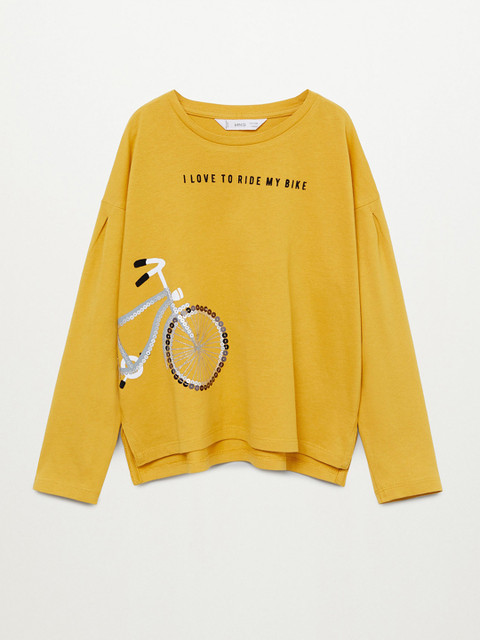 

Mango Kids Girls Mustard Yellow Organic Cotton Bicycle Print Sequinned Round Neck T-shirt