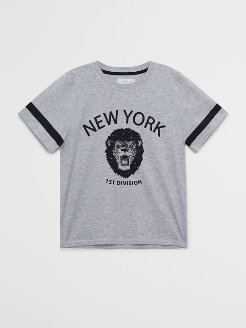 

Mango Kids Boys Grey Melange & Black Graphic Print Round Neck T-shirt
