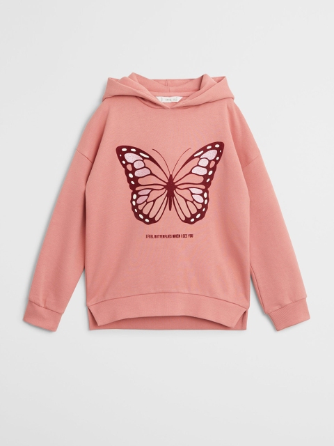 

Mango Kids Girls Peach-Coloured & Maroon Organic Cotton Butterfly Print Hooded Sweatshirt