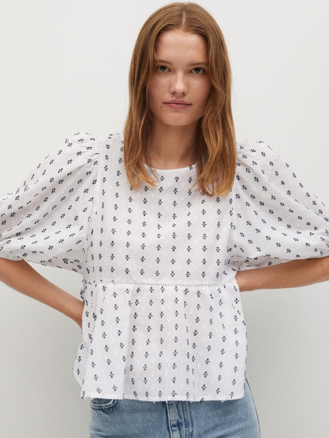 

MANGO Women White & Navy Blue Self Design A-Line Top