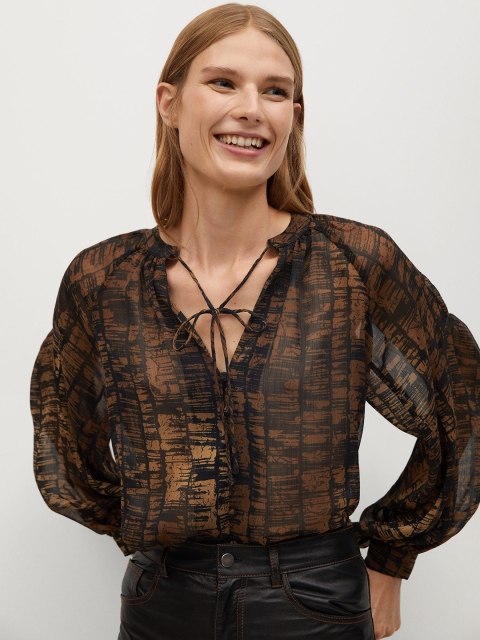 

MANGO Women Brown & Black Accordion Pleated Sustainable Printed Top