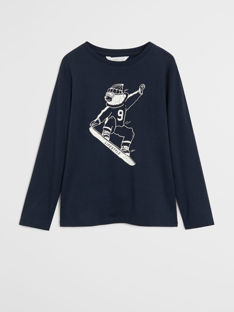 

Mango Kids Boys Navy Blue & White Graphic Print Organic Cotton Round Neck T-shirt