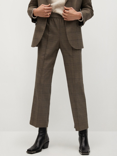 

MANGO Women Brown & Black Sustainable Straight Fit Checked Regular Trousers, Olive
