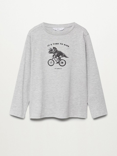 

Mango Kids Boys Grey Melange & Black Dinosaur Print Round Neck T-shirt