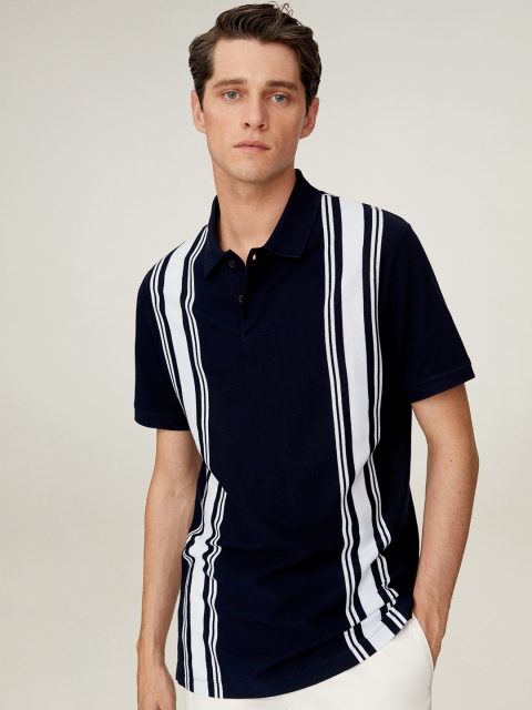 

MANGO MAN Navy Blue & White Striped Polo Collar T-shirt