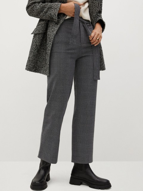 

MANGO Women Charcoal Grey Straight Fit Checked Trousers