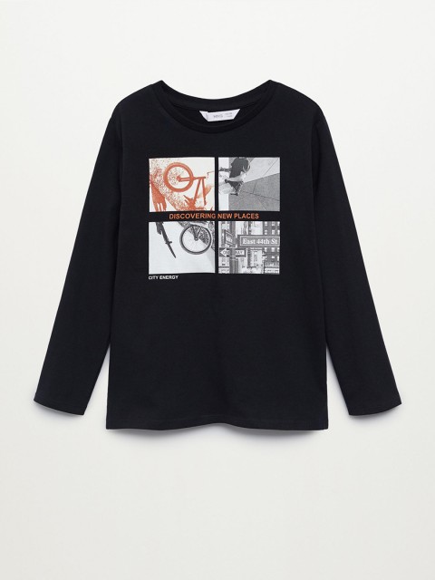 

Mango Kids Boys Black & White Graphic Print Organic Cotton Round Neck T-shirt