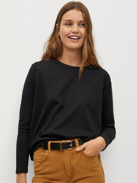 

MANGO Women Black Solid Round Neck Organic Cotton T-shirt