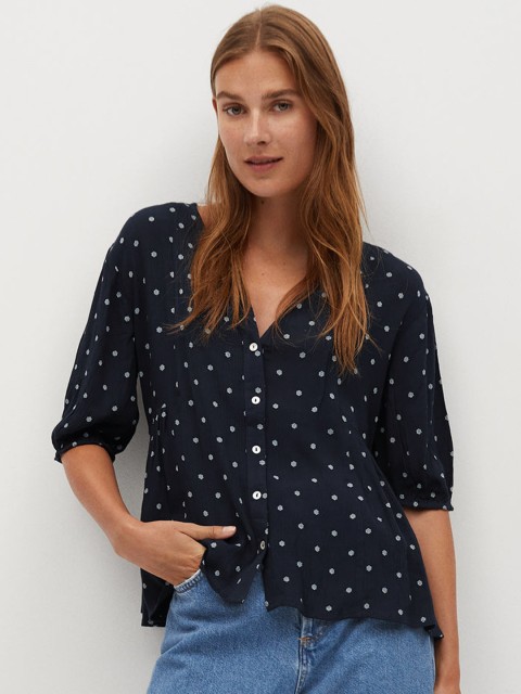 

MANGO Women Navy Blue & White Regular Fit Printed Casual Top