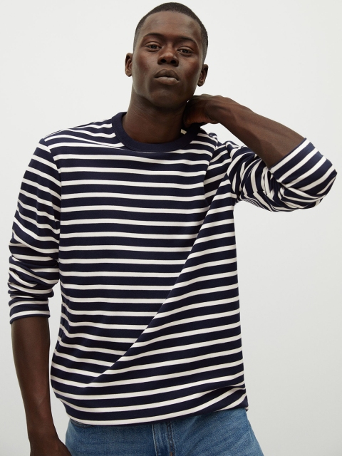 

MANGO MAN Navy Blue & White Striped Round Neck T-shirt