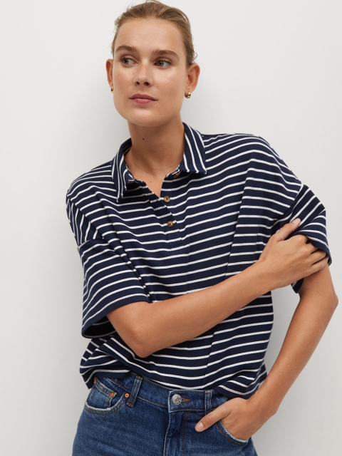 

MANGO Women Navy Blue & White Striped Polo Collar T-shirt