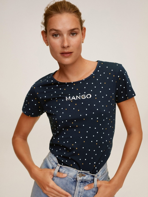 

MANGO Women Navy Blue & White Polka Dot Print Sustainable Round Neck T-shirt