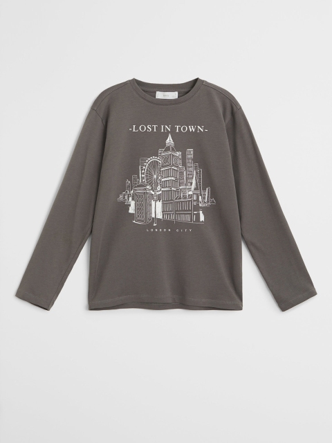 

Mango Kids Boys Charcoal Grey & White Graphic Print Organic Cotton Round Neck T-shirt