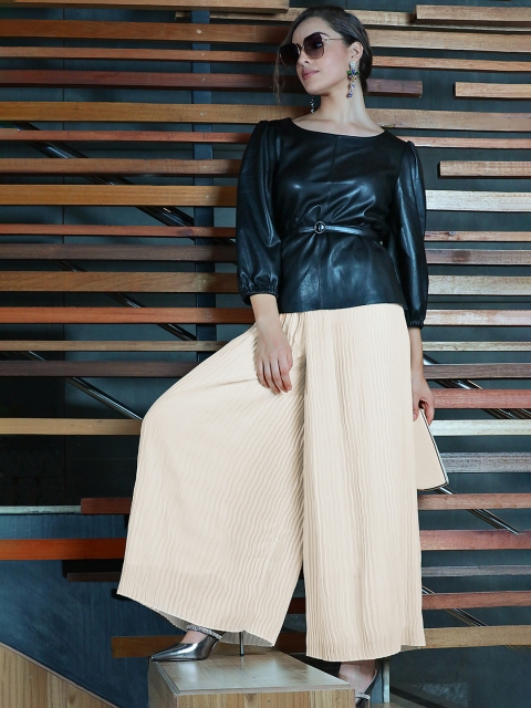 

MANGO Women Cream-Coloured Regular Fit Solid Accordion Pleated Parallel Trousers