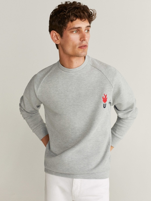 

MANGO MAN Grey Melange Solid Sweatshirt