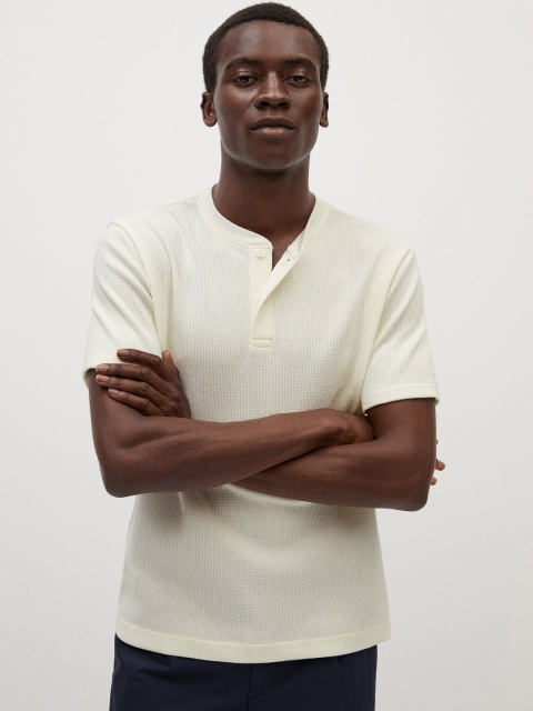 

MANGO MAN Off-White Sustainable Organic Cotton Self Design Polo Collar T-shirt